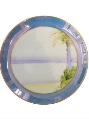 Japanese Hand-Painted Porcelain Saucer in Blue w/ Pastel Landscape
